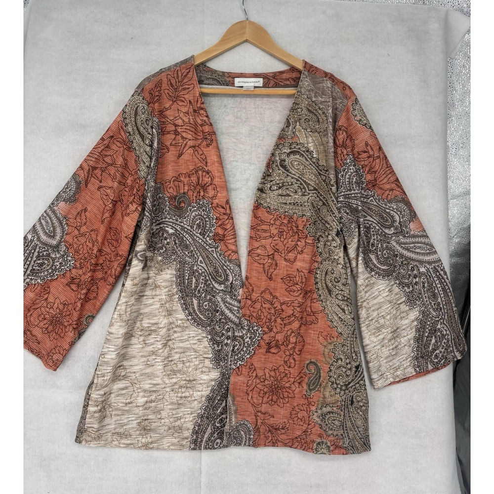 Christopher & Banks Womens XL Paisley Floral Open Front Cardigan Rust Gray Boho